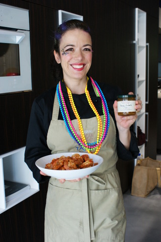 Promotional picture serving Creole Shrimp and Stonewall Kitchen HoneyMustard Dip.  
