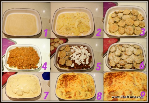 1. Sprinkle breadcrumbs at the bottom of oven dish 2. Place sliced potatoes (boiled) 3. Place breaded eggplants 4. Spoon on a layer of meat sauce 5. Cover in feta cheese then add another layer of eggplants 6. Sprinkle eggplants with parmesan 7. Pour bechamel over the whole thing 8. Bake until golden 9. Doesn't it look good close-up?