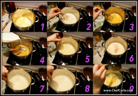 1. melt butter 2. add flour, stir vigourously 3. mix in a bit of milk until thickened 4., 5., 6. add more milk, bit by bit, stirring constantly to remove lumps 7. add nutmeg 8. remove from heat and mix in egg yolk