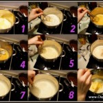 1. melt butter
2. add flour, stir vigourously
3. mix in a bit of milk until thickened
4., 5., 6. add more milk, bit by bit, stirring constantly to remove lumps
7. add nutmeg
8. remove from heat and mix in egg yolk